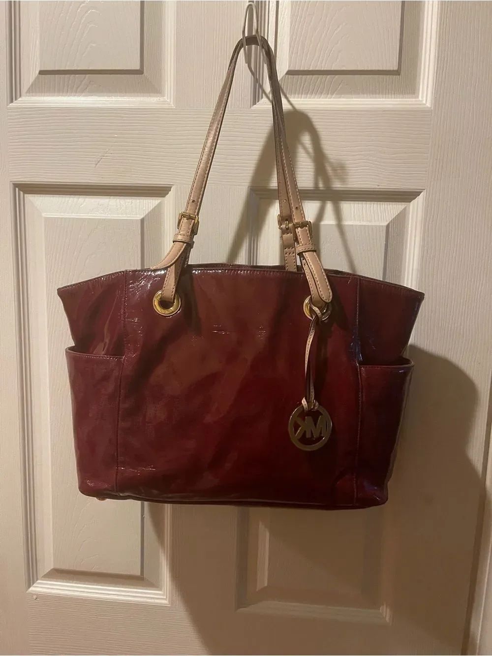 Michael Kors Burgundy Patent Tote with Tan Straps and Gold Hardware